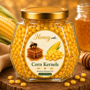 Large 6 FL. OZ (177 mL) hexagon jar of Sweetest Dreams honey with corn kernels