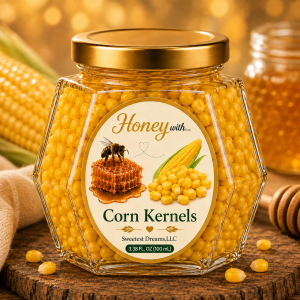 Small 3.38 FL. OZ (100 mL) hexagon jar of Sweetest Dreams honey with corn kernels