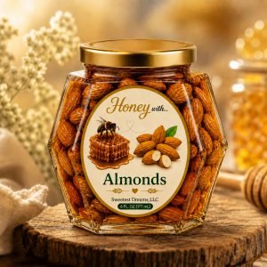 Almonds honey product in a large hexagon jar