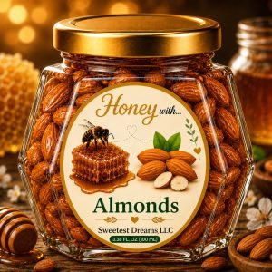 Almonds honey product in a small hexagon jar