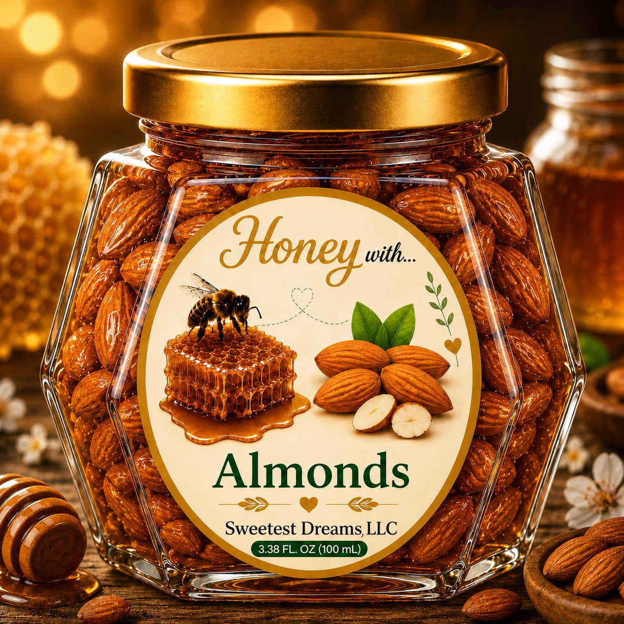 Almonds honey in a small hexagon jar