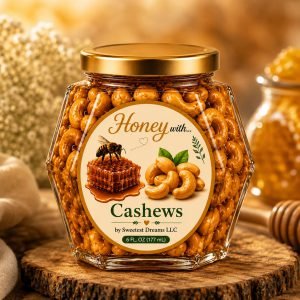 Cashews honey product in a large hexagon jar