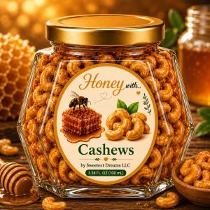 Cashews honey product in a small hexagon jar