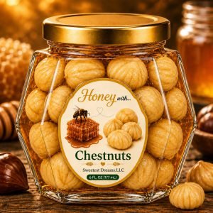 Chestnuts honey product in a large hexagon jar