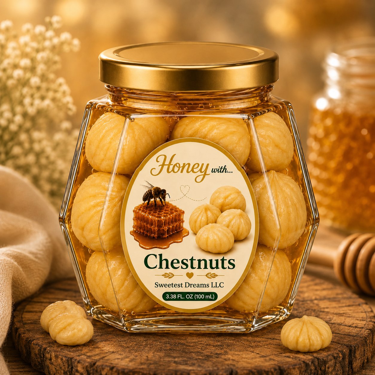 Chestnuts honey product in a small hexagon jar