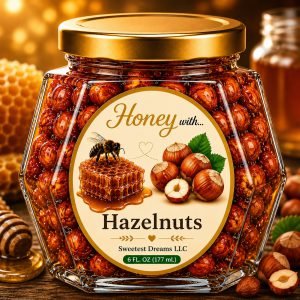 Hazelnuts honey product in a large hexagon jar