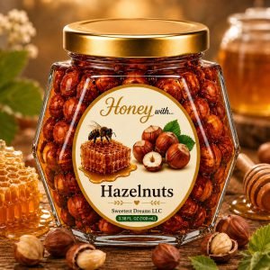 Hazelnuts honey product in a small hexagon jar