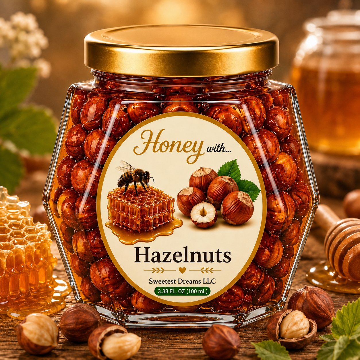 Hazelnuts honey product in a small hexagon jar