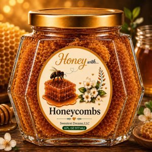 Honeycombs honey product in a large hexagon jar