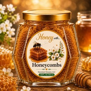 Honeycombs honey product in a small hexagon jar