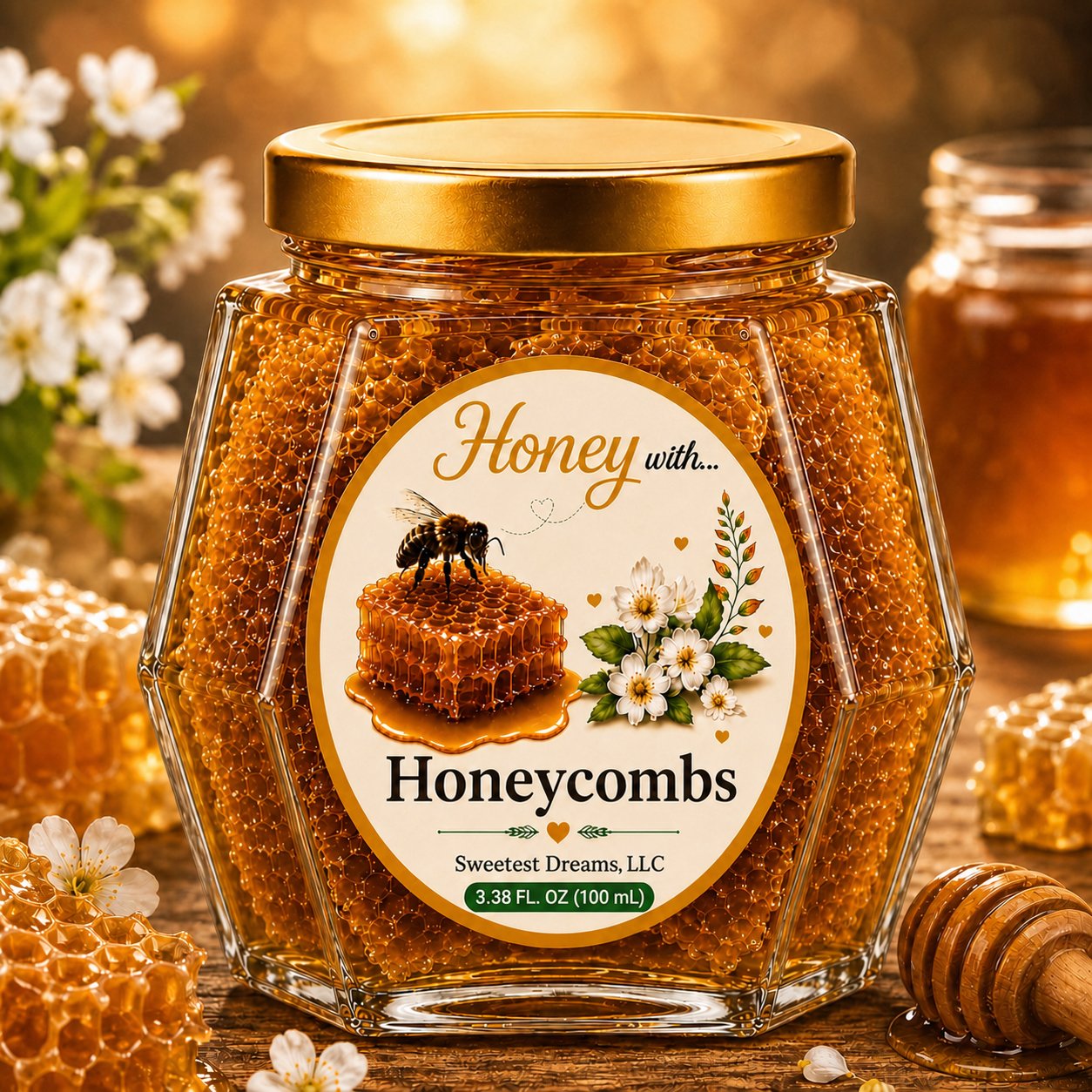 Honeycombs honey in a small hexagon jar