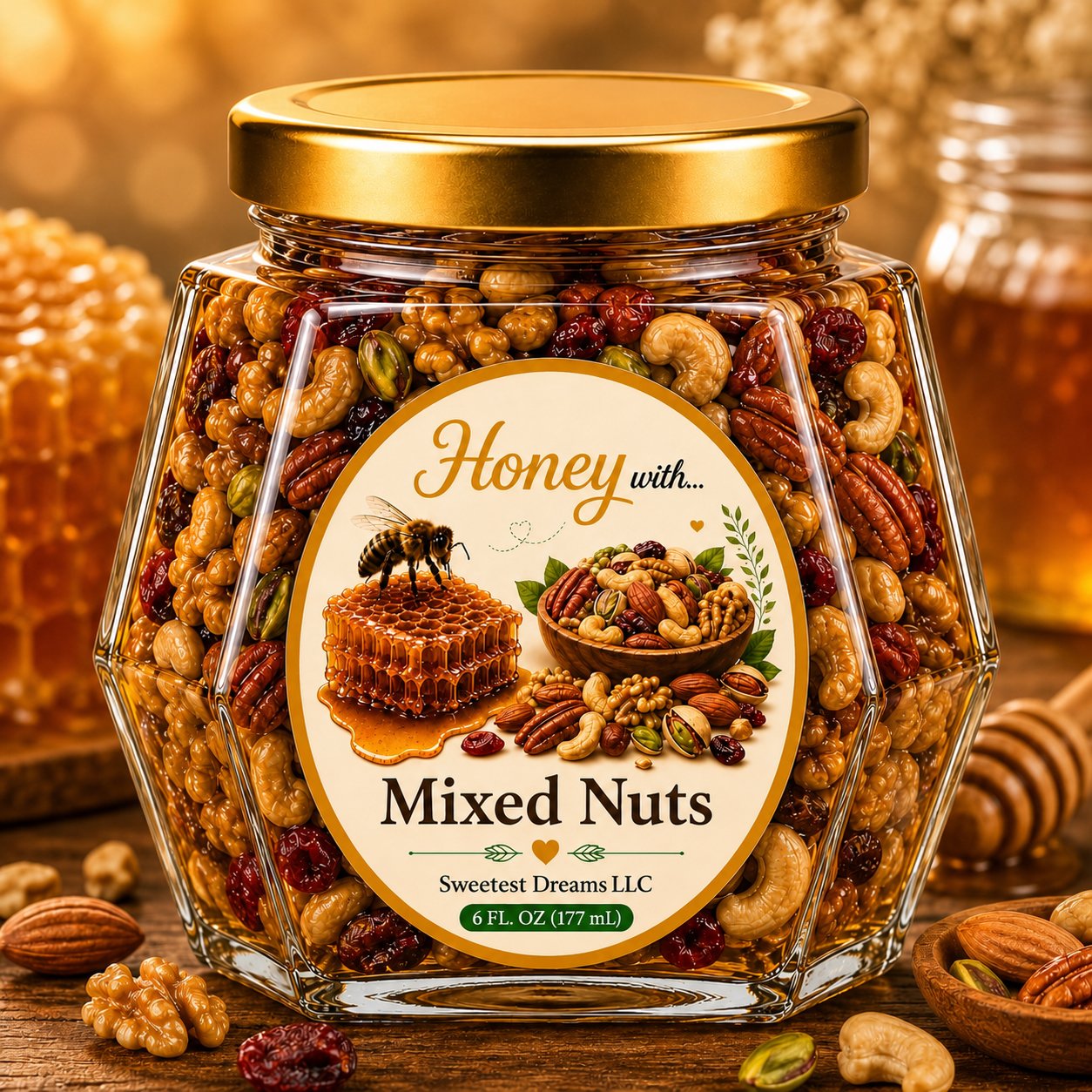 Mixed nuts honey in a large hexagon jar