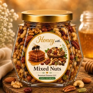Mixed Nuts honey product in a small hexagon jar