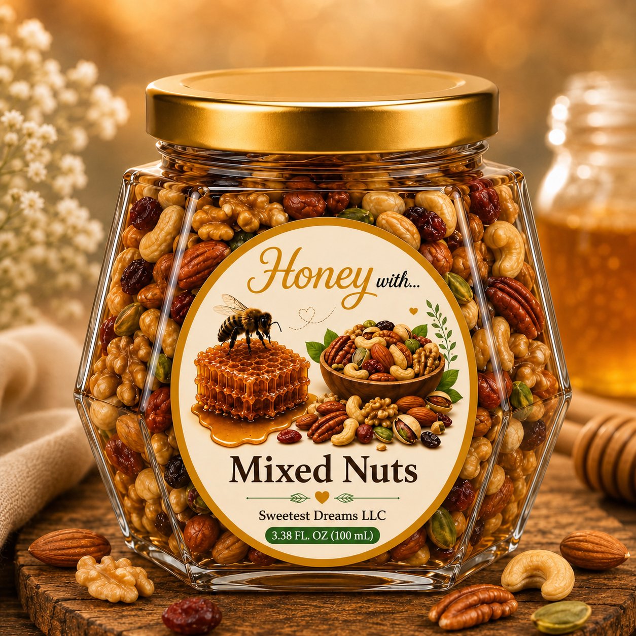 Mixed Nuts honey product in a small hexagon jar