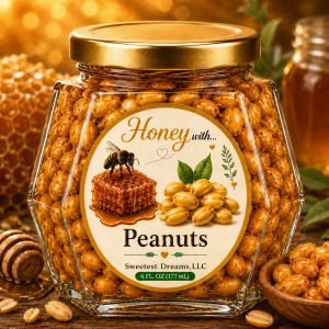 Peanuts honey product in a large hexagon jar