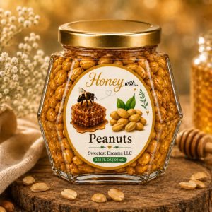 Peanuts honey product in a small hexagon jar