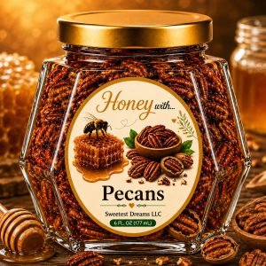 Pecans honey product in a large hexagon jar