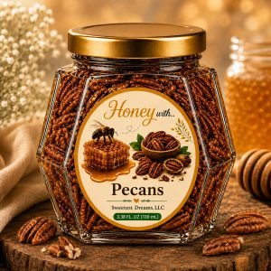 Pecans honey product in a small hexagon jar