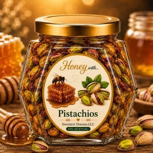 Pistachios honey product in a large hexagon jar