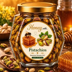 Pistachios honey product in a small hexagon jar