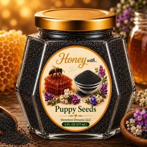 Poppy Seeds honey product in a large hexagon jar