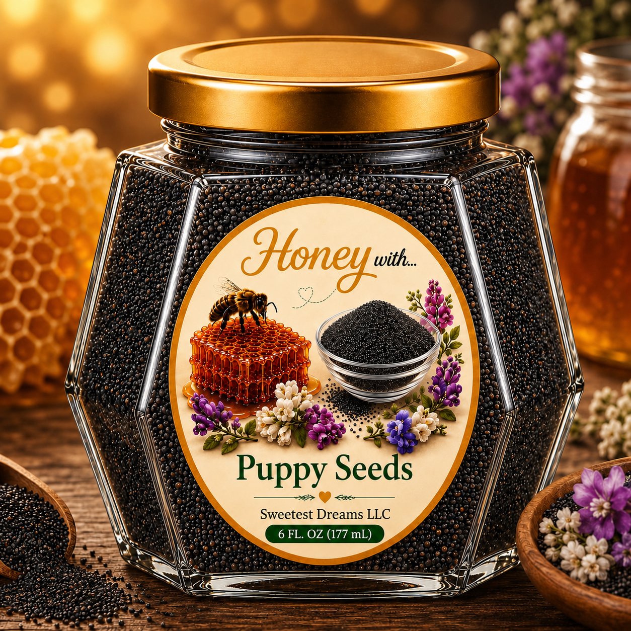 Poppy Seeds honey product in a large hexagon jar