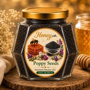 Poppy Seeds honey product in a small hexagon jar