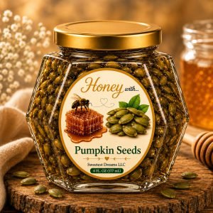 Pumpkin Seeds honey product in a large hexagon jar