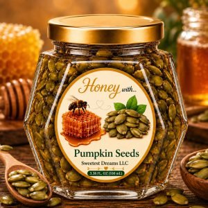 Pumpkin Seeds honey product in a small hexagon jar