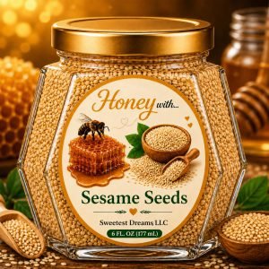Sesame Seeds honey product in a large hexagon jar