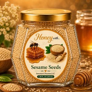 Sesame Seeds honey product in a small hexagon jar