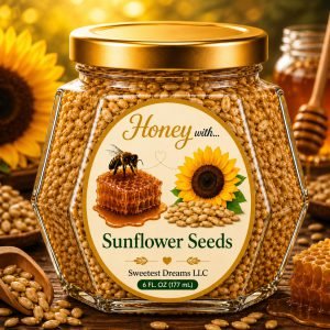 Large hexagon jar of Sweetest Dreams honey with sunflower seeds