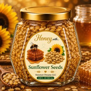 Small hexagon jar of Sweetest Dreams honey with sunflower seeds