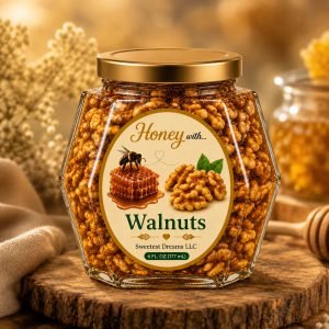 Walnuts honey product in a large hexagon jar