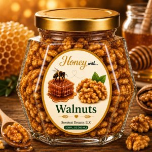 Walnuts honey product in a small hexagon jar